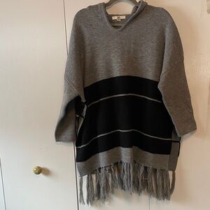 Gray and Black Women's Hooded Poncho Sweater with Fringe and High Side Slits